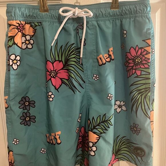 Neff Men's Swim Shorts - Teal with Floral Print - Picture 1 of 7